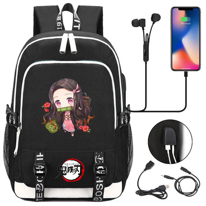New Kawaii Anime Demon Slayer Prints USB Boy Girl Kids Book School Bags Teenagers Student Women Men Laptop Travel Backpack