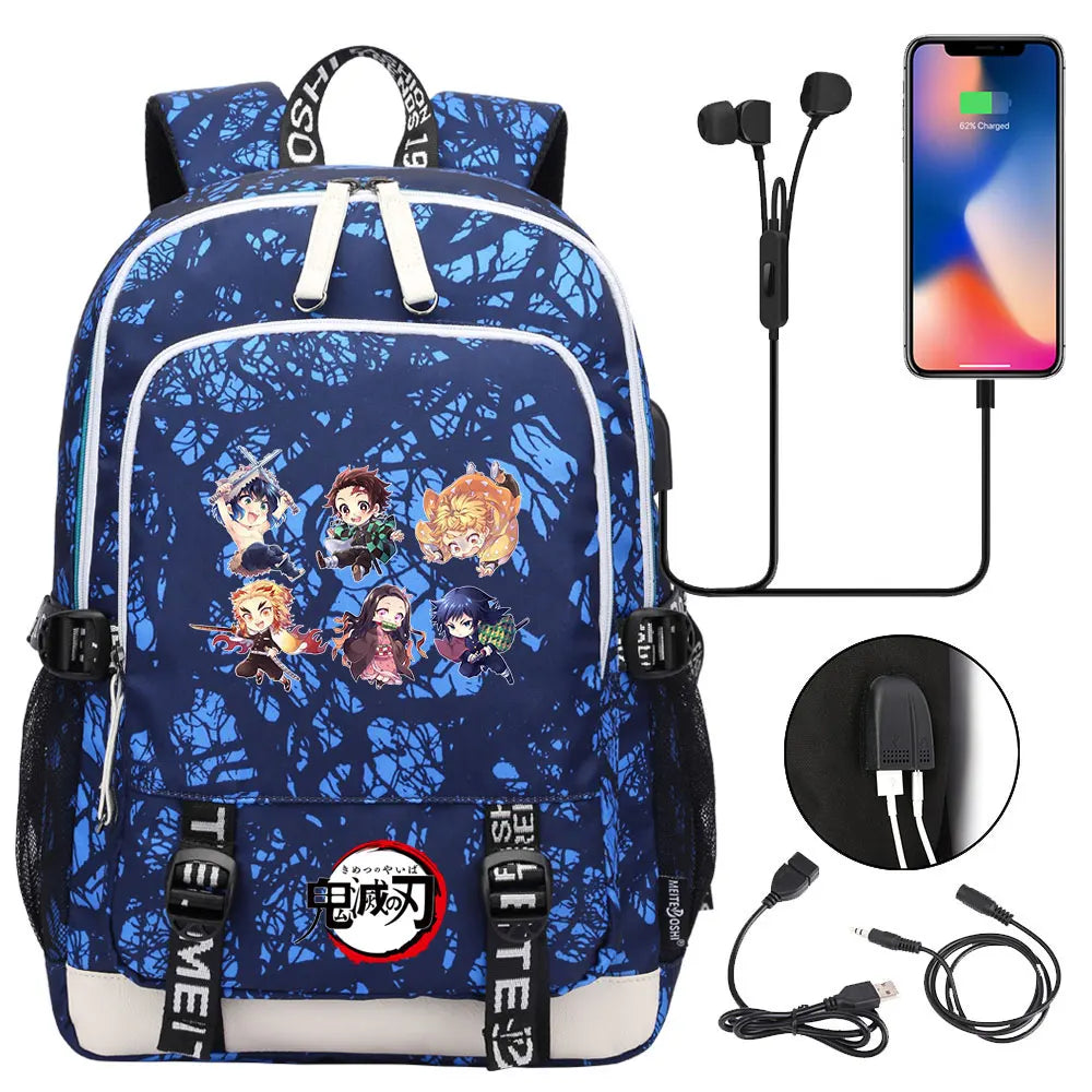 New Kawaii Anime Demon Slayer Prints USB Boy Girl Kids Book School Bags Teenagers Student Women Men Laptop Travel Backpack