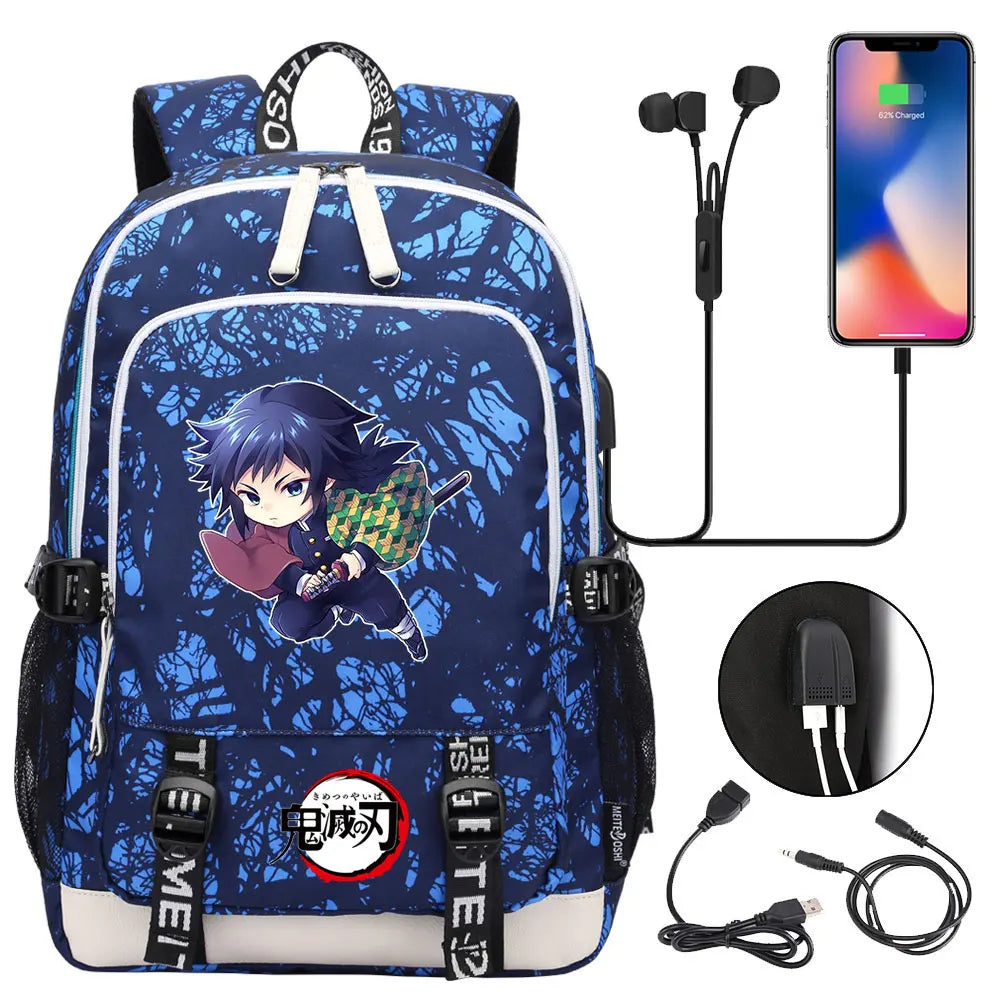 New Kawaii Anime Demon Slayer Prints USB Boy Girl Kids Book School Bags Teenagers Student Women Men Laptop Travel Backpack