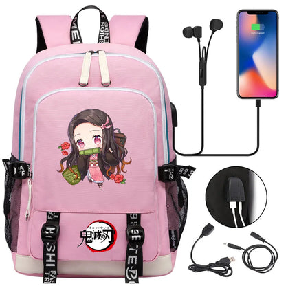 New Kawaii Anime Demon Slayer Prints USB Boy Girl Kids Book School Bags Teenagers Student Women Men Laptop Travel Backpack