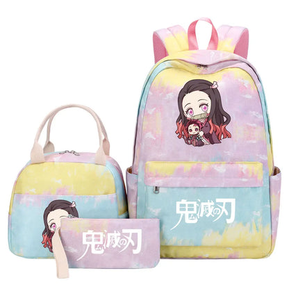 New Kawaii Demon Slayer Girls Kids Pen Lunch Bags Bookbags 3 Pcs Women Teenagers Schoolbags Travel Laptop Rainbow Backpack