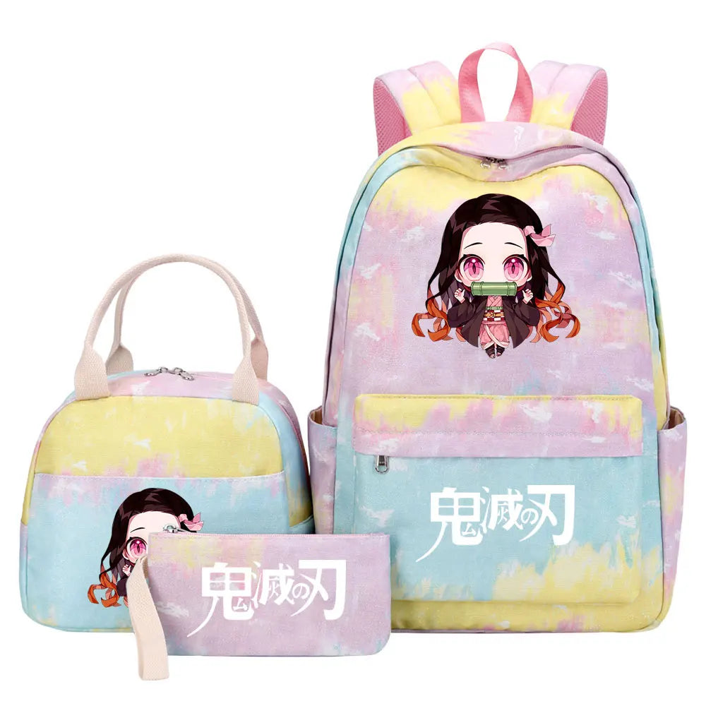 New Kawaii Demon Slayer Girls Kids Pen Lunch Bags Bookbags 3 Pcs Women Teenagers Schoolbags Travel Laptop Rainbow Backpack