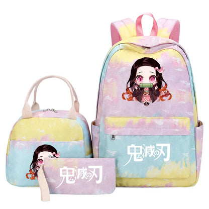 New Kawaii Demon Slayer Girls Kids Pen Lunch Bags Bookbags 3 Pcs Women Teenagers Schoolbags Travel Laptop Rainbow Backpack