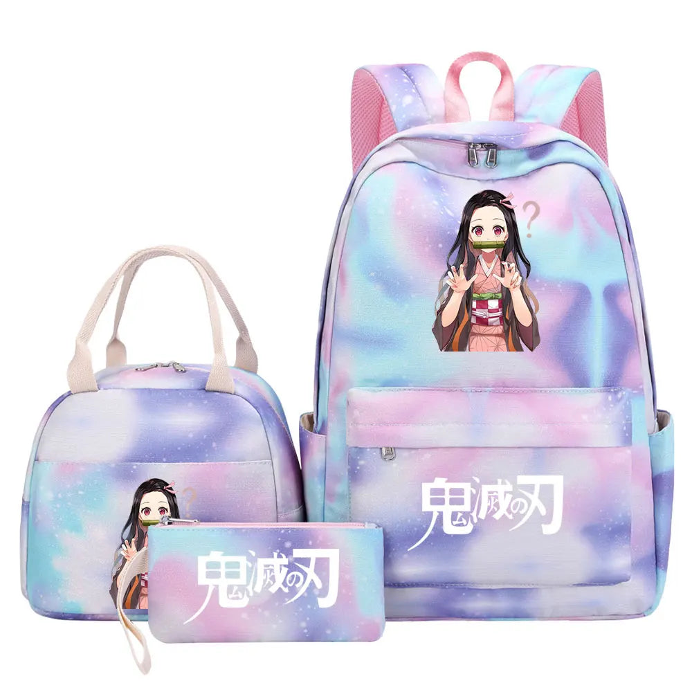 New Kawaii Demon Slayer Girls Kids Pen Lunch Bags Bookbags 3 Pcs Women Teenagers Schoolbags Travel Laptop Rainbow Backpack