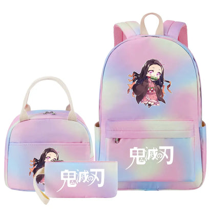 New Kawaii Demon Slayer Girls Kids Pen Lunch Bags Bookbags 3 Pcs Women Teenagers Schoolbags Travel Laptop Rainbow Backpack