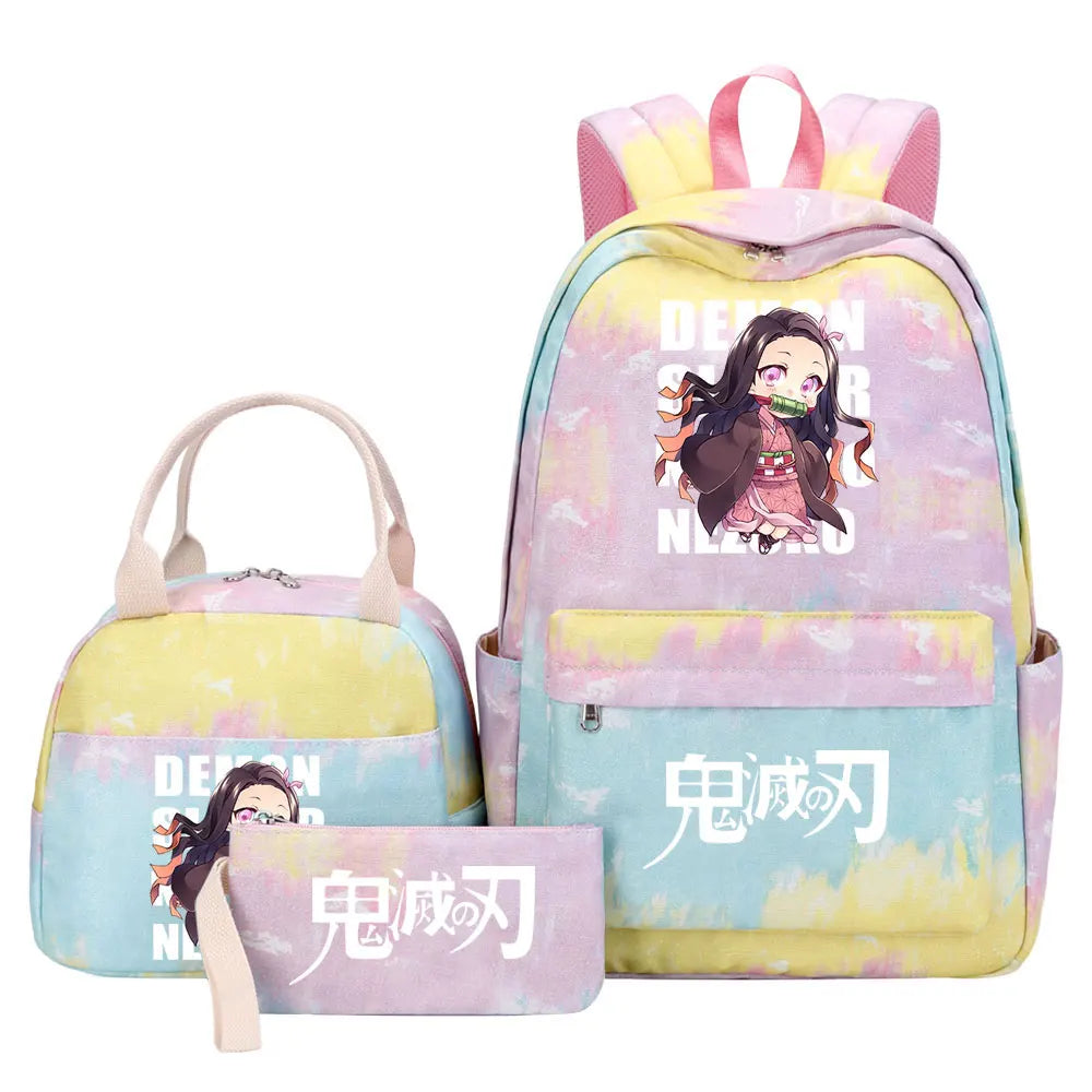 New Kawaii Demon Slayer Girls Kids Pen Lunch Bags Bookbags 3 Pcs Women Teenagers Schoolbags Travel Laptop Rainbow Backpack