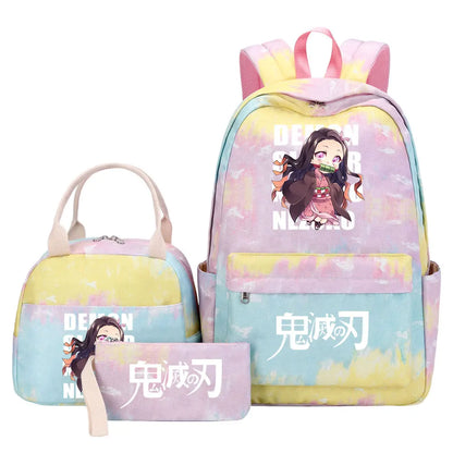 New Kawaii Demon Slayer Girls Kids Pen Lunch Bags Bookbags 3 Pcs Women Teenagers Schoolbags Travel Laptop Rainbow Backpack