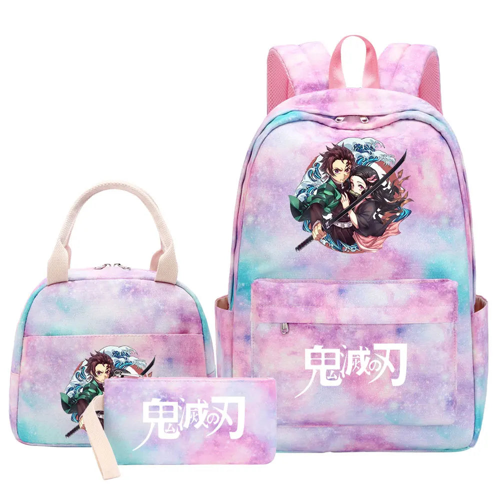 New Kawaii Demon Slayer Girls Kids Pen Lunch Bags Bookbags 3 Pcs Women Teenagers Schoolbags Travel Laptop Rainbow Backpack