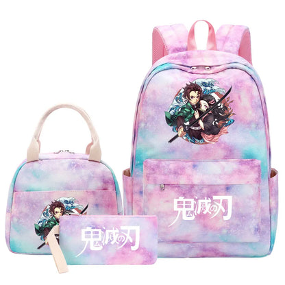 New Kawaii Demon Slayer Girls Kids Pen Lunch Bags Bookbags 3 Pcs Women Teenagers Schoolbags Travel Laptop Rainbow Backpack