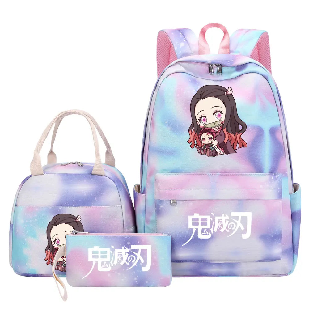 New Kawaii Demon Slayer Girls Kids Pen Lunch Bags Bookbags 3 Pcs Women Teenagers Schoolbags Travel Laptop Rainbow Backpack