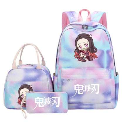 New Kawaii Demon Slayer Girls Kids Pen Lunch Bags Bookbags 3 Pcs Women Teenagers Schoolbags Travel Laptop Rainbow Backpack