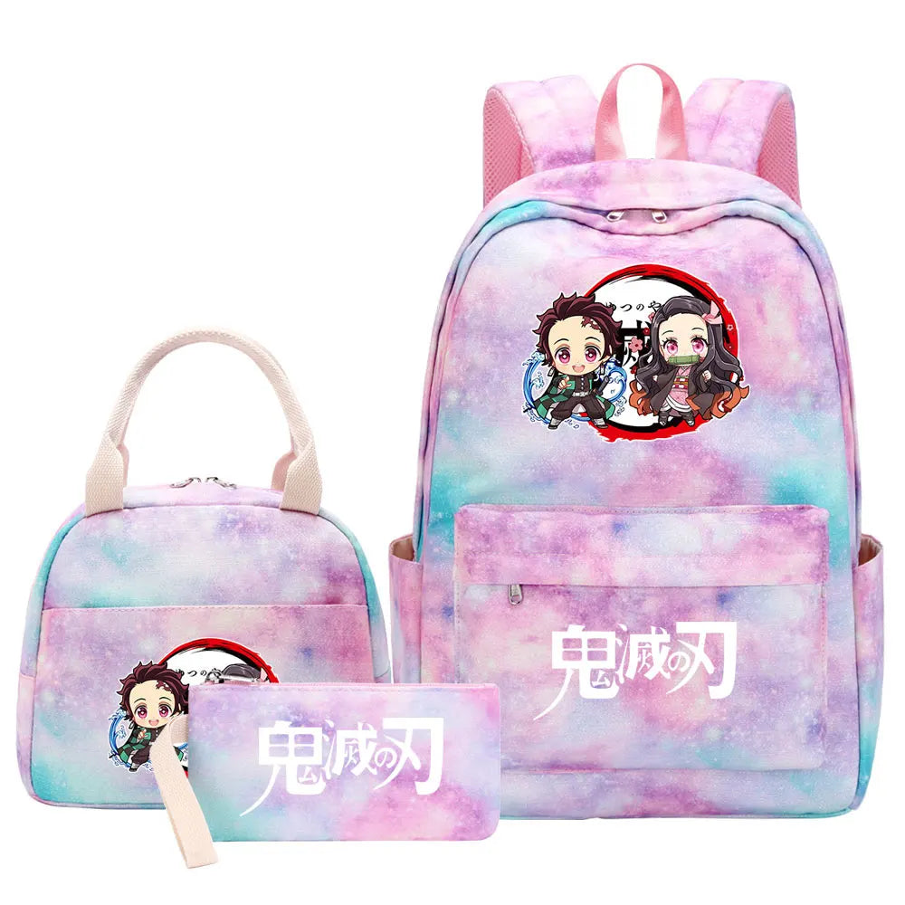 New Kawaii Demon Slayer Girls Kids Pen Lunch Bags Bookbags 3 Pcs Women Teenagers Schoolbags Travel Laptop Rainbow Backpack