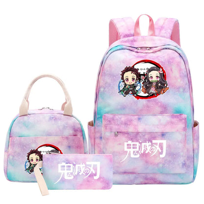 New Kawaii Demon Slayer Girls Kids Pen Lunch Bags Bookbags 3 Pcs Women Teenagers Schoolbags Travel Laptop Rainbow Backpack