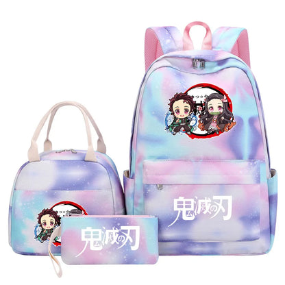 New Kawaii Demon Slayer Girls Kids Pen Lunch Bags Bookbags 3 Pcs Women Teenagers Schoolbags Travel Laptop Rainbow Backpack