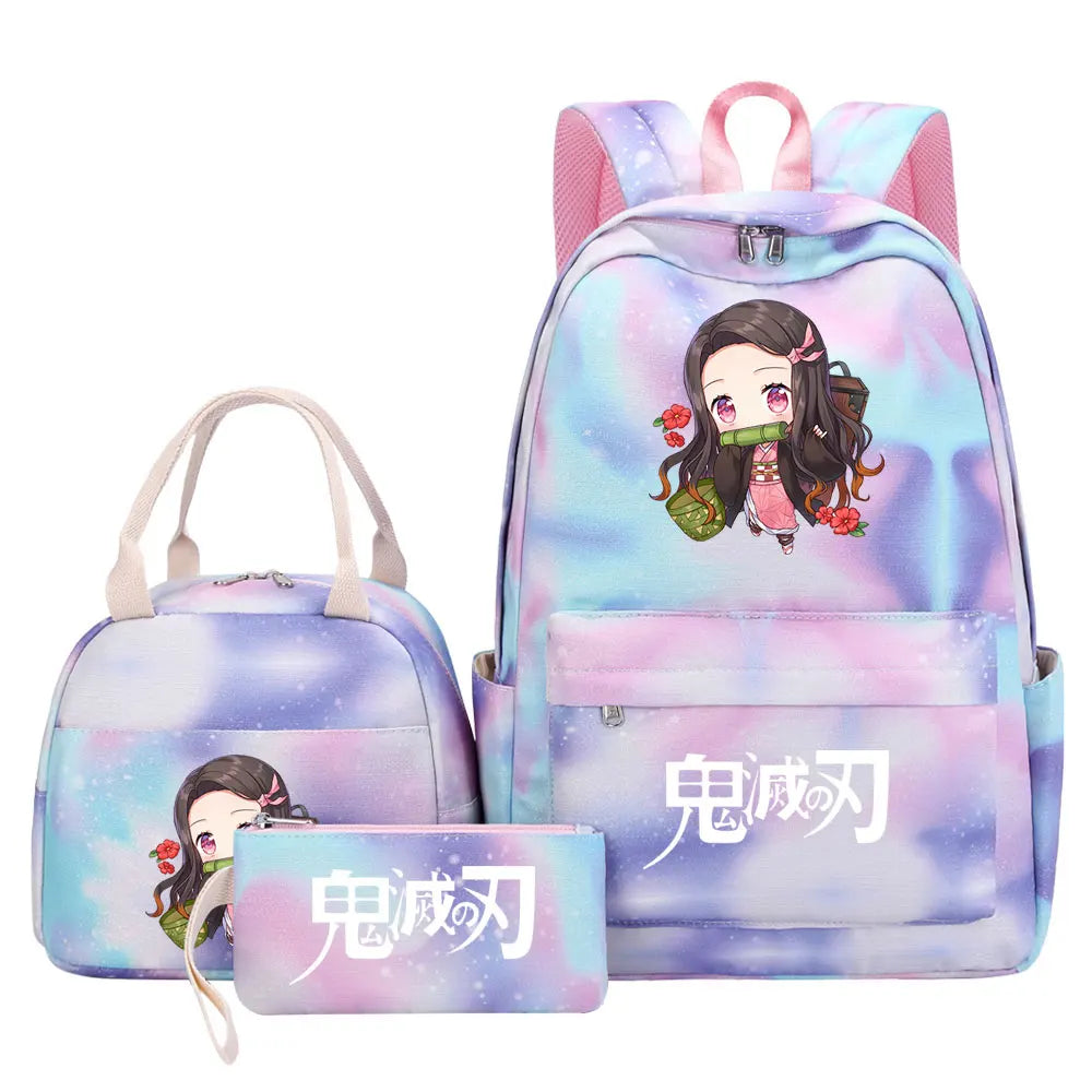 New Kawaii Demon Slayer Girls Kids Pen Lunch Bags Bookbags 3 Pcs Women Teenagers Schoolbags Travel Laptop Rainbow Backpack