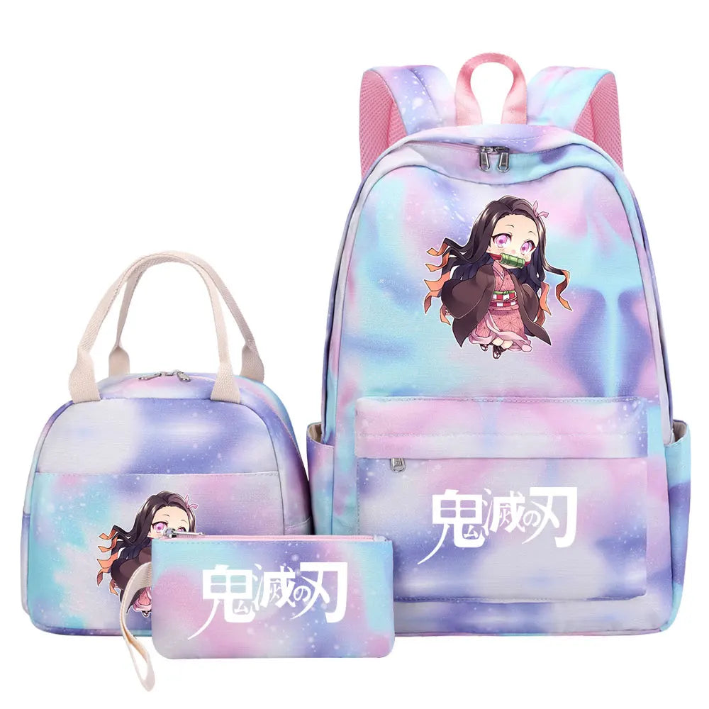 New Kawaii Demon Slayer Girls Kids Pen Lunch Bags Bookbags 3 Pcs Women Teenagers Schoolbags Travel Laptop Rainbow Backpack