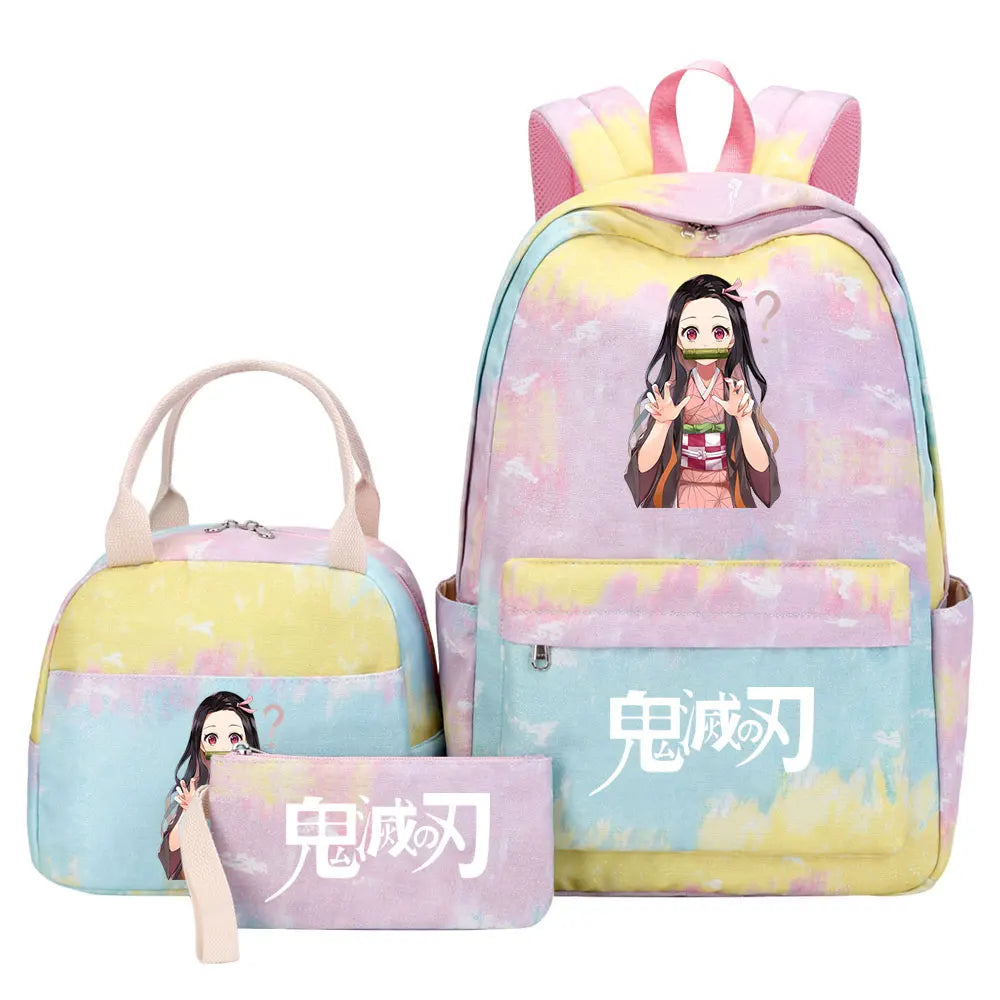 New Kawaii Demon Slayer Girls Kids Pen Lunch Bags Bookbags 3 Pcs Women Teenagers Schoolbags Travel Laptop Rainbow Backpack