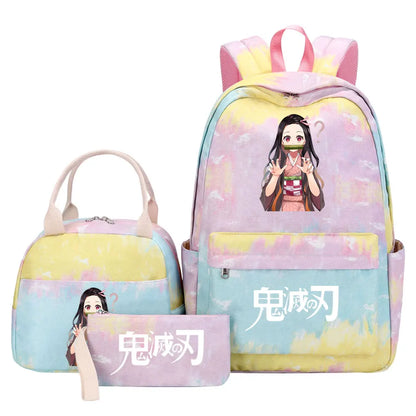 New Kawaii Demon Slayer Girls Kids Pen Lunch Bags Bookbags 3 Pcs Women Teenagers Schoolbags Travel Laptop Rainbow Backpack