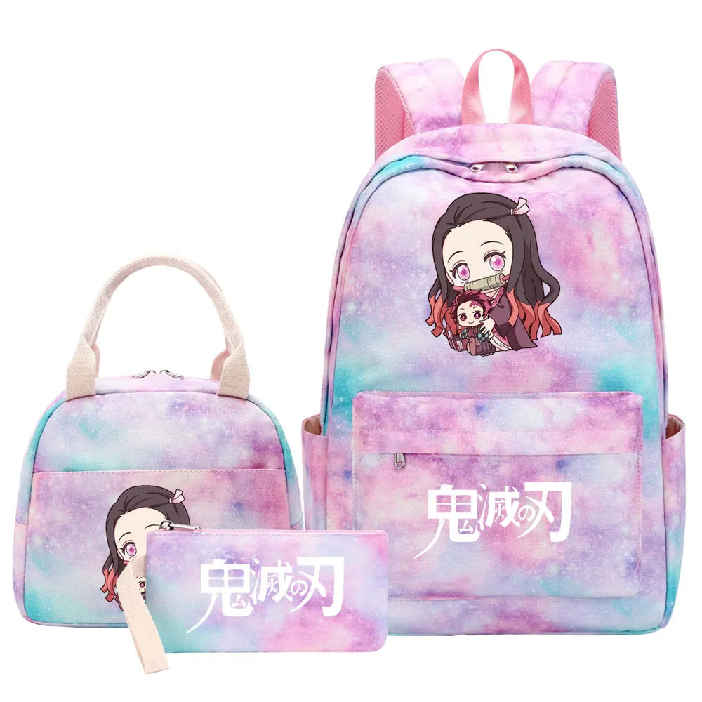 New Kawaii Demon Slayer Girls Kids Pen Lunch Bags Bookbags 3 Pcs Women Teenagers Schoolbags Travel Laptop Rainbow Backpack