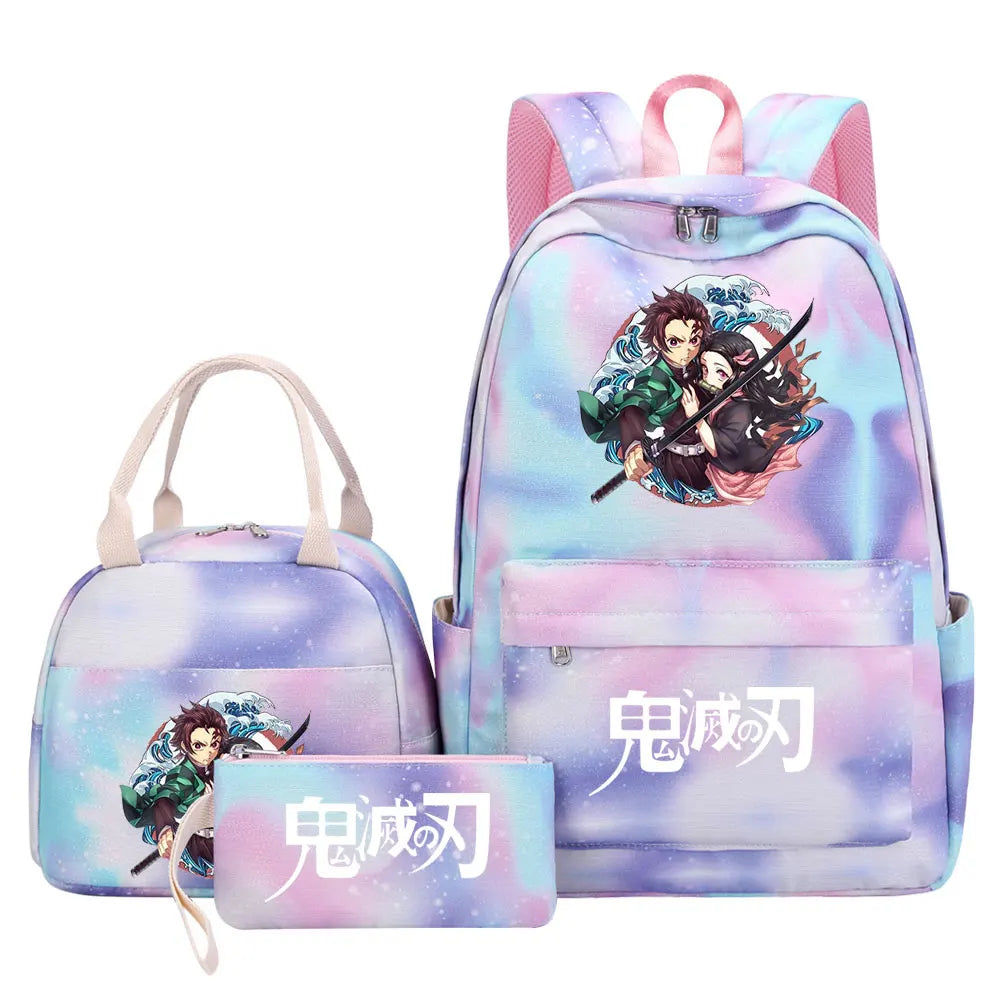 New Kawaii Demon Slayer Girls Kids Pen Lunch Bags Bookbags 3 Pcs Women Teenagers Schoolbags Travel Laptop Rainbow Backpack