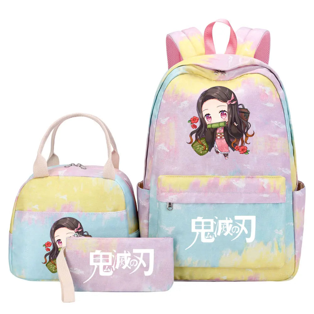 New Kawaii Demon Slayer Girls Kids Pen Lunch Bags Bookbags 3 Pcs Women Teenagers Schoolbags Travel Laptop Rainbow Backpack