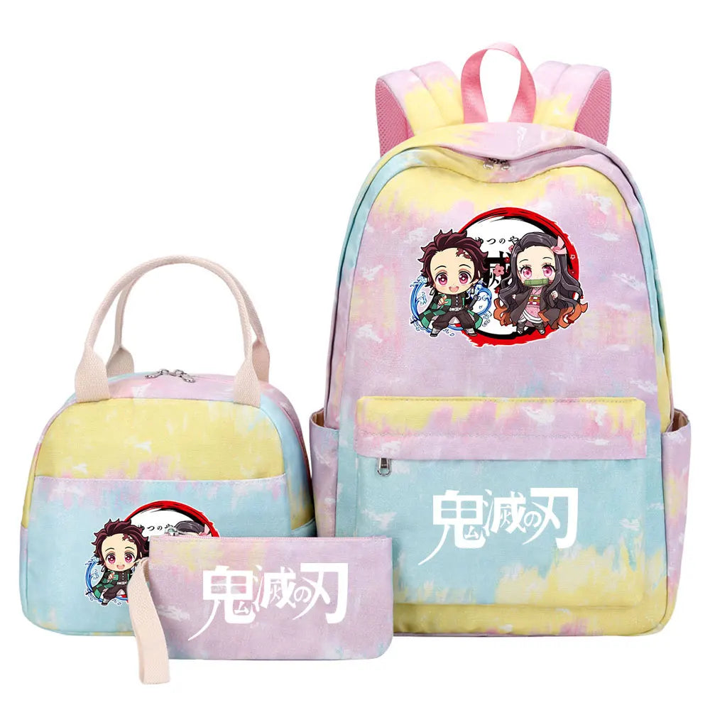 New Kawaii Demon Slayer Girls Kids Pen Lunch Bags Bookbags 3 Pcs Women Teenagers Schoolbags Travel Laptop Rainbow Backpack