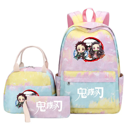 New Kawaii Demon Slayer Girls Kids Pen Lunch Bags Bookbags 3 Pcs Women Teenagers Schoolbags Travel Laptop Rainbow Backpack