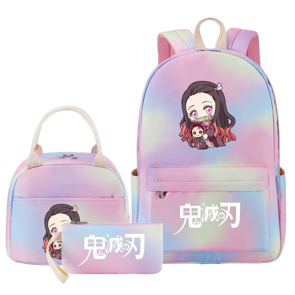 New Kawaii Demon Slayer Girls Kids Pen Lunch Bags Bookbags 3 Pcs Women Teenagers Schoolbags Travel Laptop Rainbow Backpack