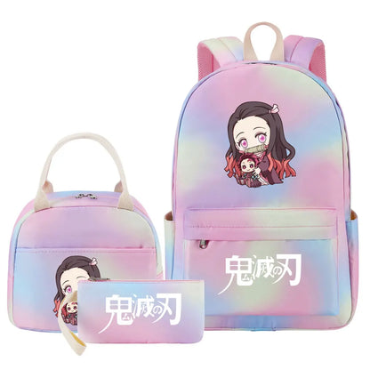 New Kawaii Demon Slayer Girls Kids Pen Lunch Bags Bookbags 3 Pcs Women Teenagers Schoolbags Travel Laptop Rainbow Backpack