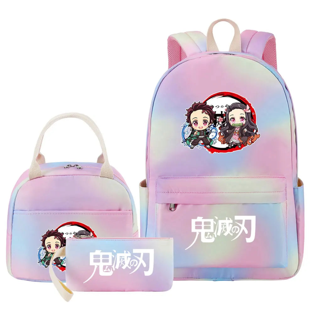 New Kawaii Demon Slayer Girls Kids Pen Lunch Bags Bookbags 3 Pcs Women Teenagers Schoolbags Travel Laptop Rainbow Backpack