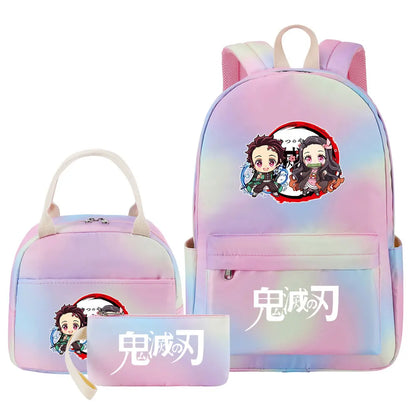 New Kawaii Demon Slayer Girls Kids Pen Lunch Bags Bookbags 3 Pcs Women Teenagers Schoolbags Travel Laptop Rainbow Backpack