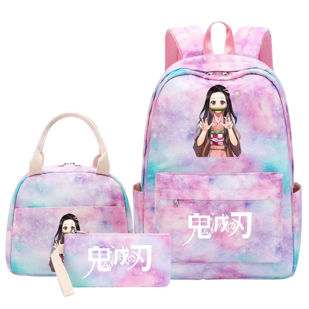 New Kawaii Demon Slayer Girls Kids Pen Lunch Bags Bookbags 3 Pcs Women Teenagers Schoolbags Travel Laptop Rainbow Backpack
