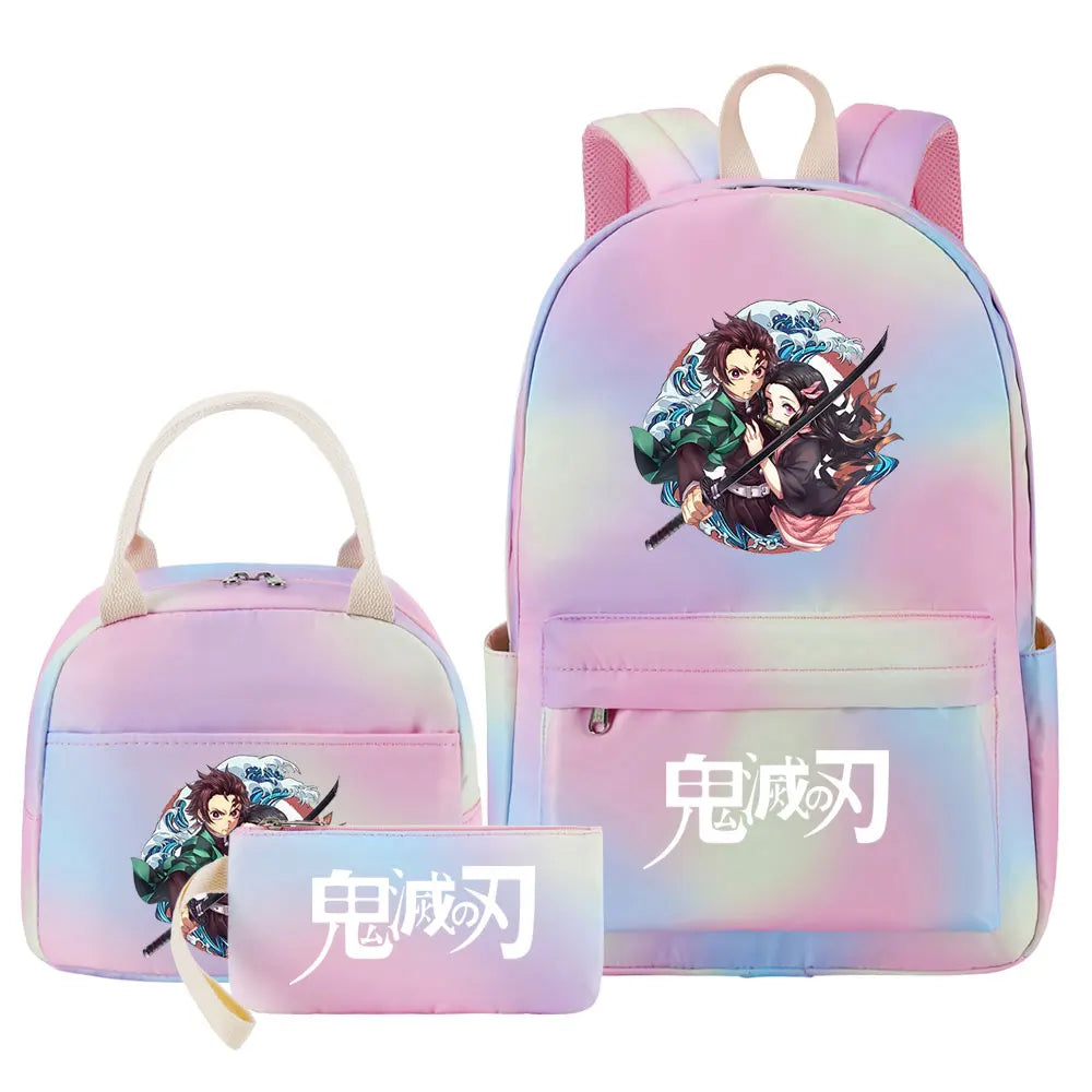 New Kawaii Demon Slayer Girls Kids Pen Lunch Bags Bookbags 3 Pcs Women Teenagers Schoolbags Travel Laptop Rainbow Backpack