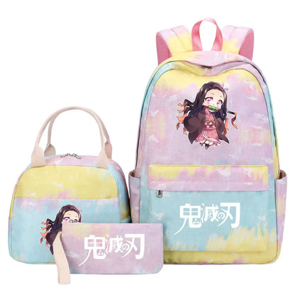 New Kawaii Demon Slayer Girls Kids Pen Lunch Bags Bookbags 3 Pcs Women Teenagers Schoolbags Travel Laptop Rainbow Backpack