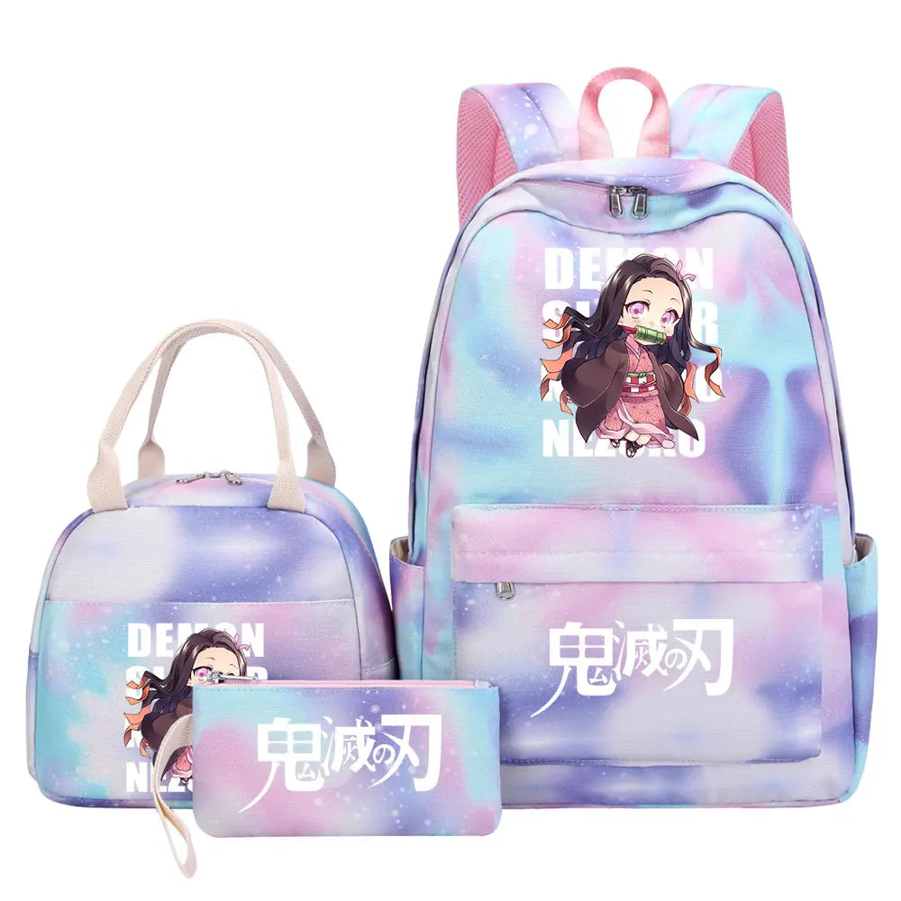 New Kawaii Demon Slayer Girls Kids Pen Lunch Bags Bookbags 3 Pcs Women Teenagers Schoolbags Travel Laptop Rainbow Backpack