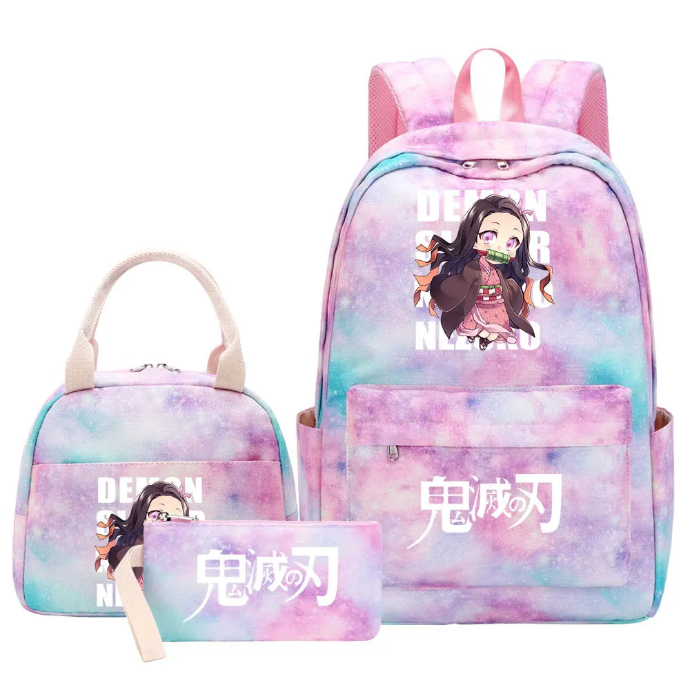 New Kawaii Demon Slayer Girls Kids Pen Lunch Bags Bookbags 3 Pcs Women Teenagers Schoolbags Travel Laptop Rainbow Backpack