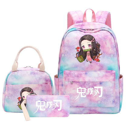 New Kawaii Demon Slayer Girls Kids Pen Lunch Bags Bookbags 3 Pcs Women Teenagers Schoolbags Travel Laptop Rainbow Backpack