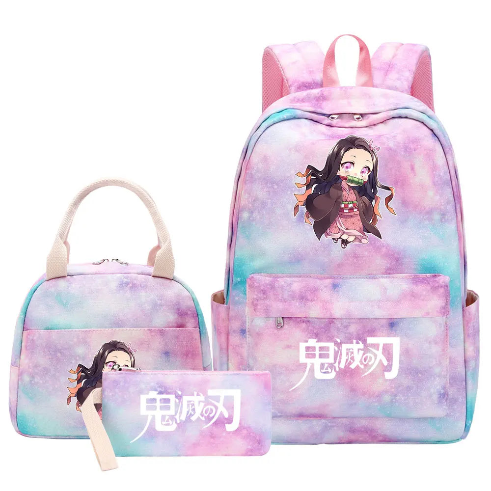 New Kawaii Demon Slayer Girls Kids Pen Lunch Bags Bookbags 3 Pcs Women Teenagers Schoolbags Travel Laptop Rainbow Backpack