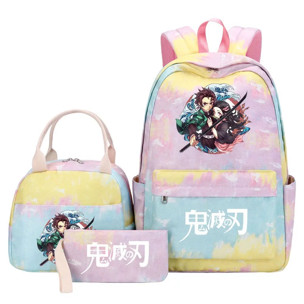 New Kawaii Demon Slayer Girls Kids Pen Lunch Bags Bookbags 3 Pcs Women Teenagers Schoolbags Travel Laptop Rainbow Backpack