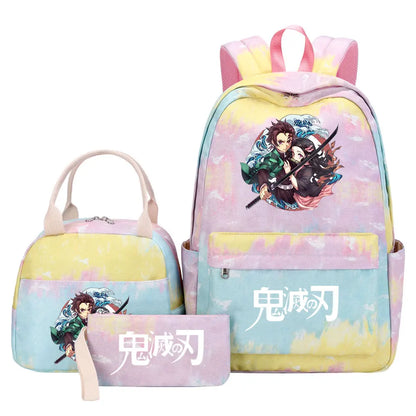 New Kawaii Demon Slayer Girls Kids Pen Lunch Bags Bookbags 3 Pcs Women Teenagers Schoolbags Travel Laptop Rainbow Backpack