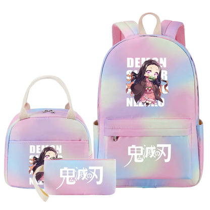 New Kawaii Demon Slayer Girls Kids Pen Lunch Bags Bookbags 3 Pcs Women Teenagers Schoolbags Travel Laptop Rainbow Backpack