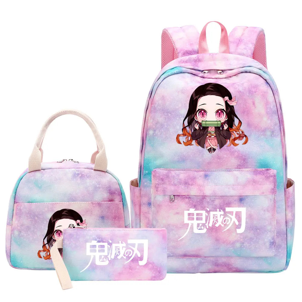 New Kawaii Demon Slayer Girls Kids Pen Lunch Bags Bookbags 3 Pcs Women Teenagers Schoolbags Travel Laptop Rainbow Backpack