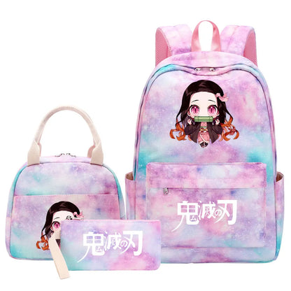 New Kawaii Demon Slayer Girls Kids Pen Lunch Bags Bookbags 3 Pcs Women Teenagers Schoolbags Travel Laptop Rainbow Backpack