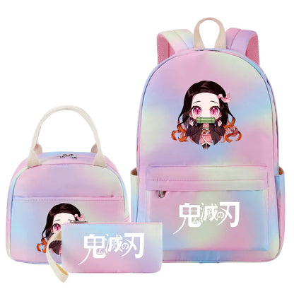 New Kawaii Demon Slayer Girls Kids Pen Lunch Bags Bookbags 3 Pcs Women Teenagers Schoolbags Travel Laptop Rainbow Backpack