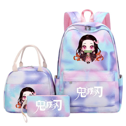 New Kawaii Demon Slayer Girls Kids Pen Lunch Bags Bookbags 3 Pcs Women Teenagers Schoolbags Travel Laptop Rainbow Backpack