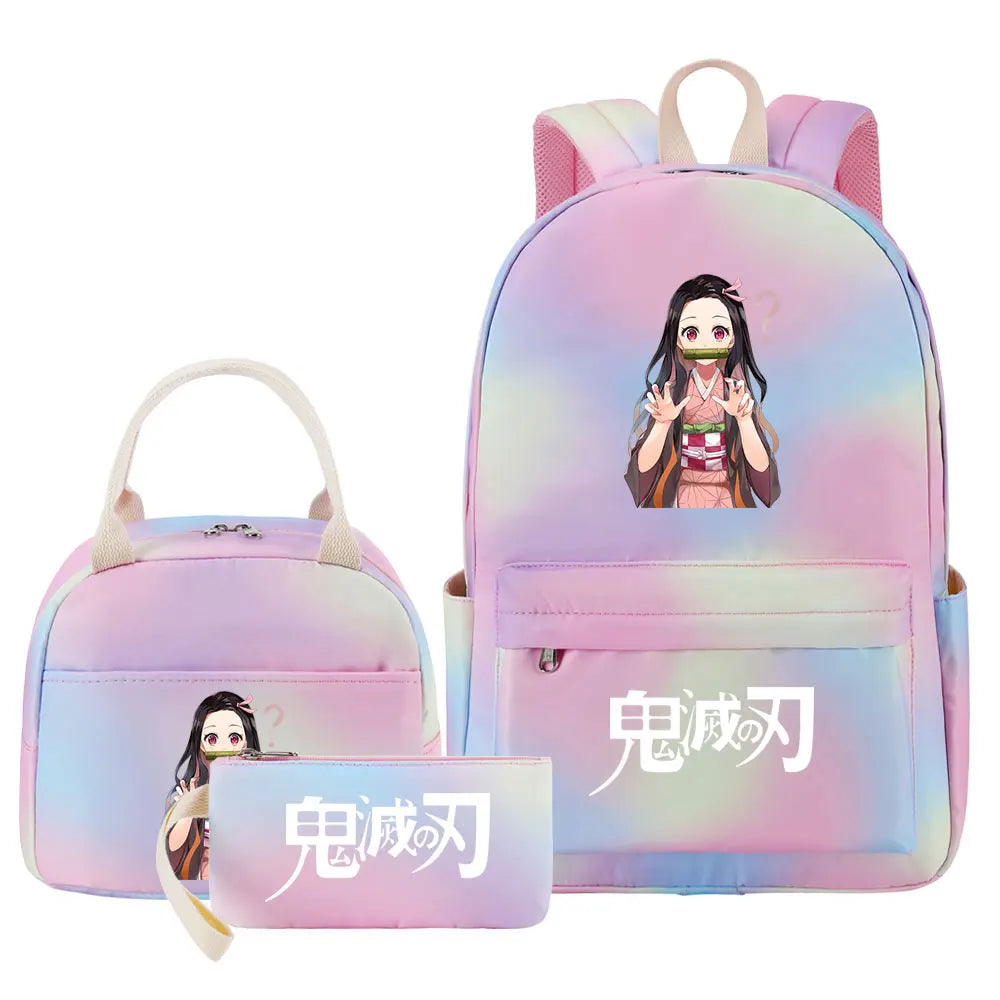 New Kawaii Demon Slayer Girls Kids Pen Lunch Bags Bookbags 3 Pcs Women Teenagers Schoolbags Travel Laptop Rainbow Backpack