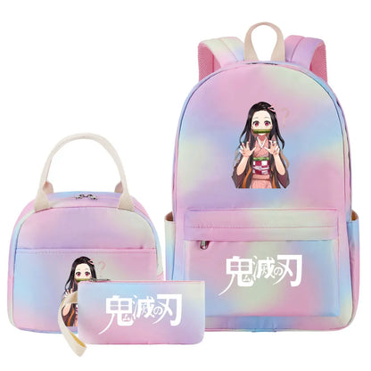 New Kawaii Demon Slayer Girls Kids Pen Lunch Bags Bookbags 3 Pcs Women Teenagers Schoolbags Travel Laptop Rainbow Backpack