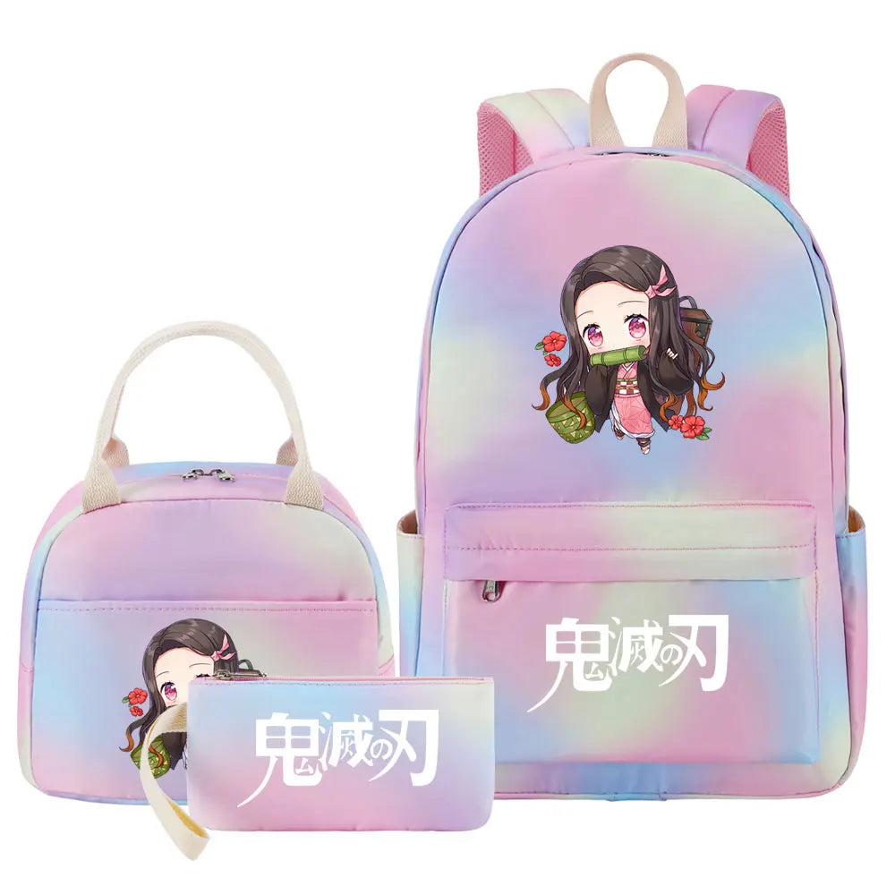 New Kawaii Demon Slayer Girls Kids Pen Lunch Bags Bookbags 3 Pcs Women Teenagers Schoolbags Travel Laptop Rainbow Backpack