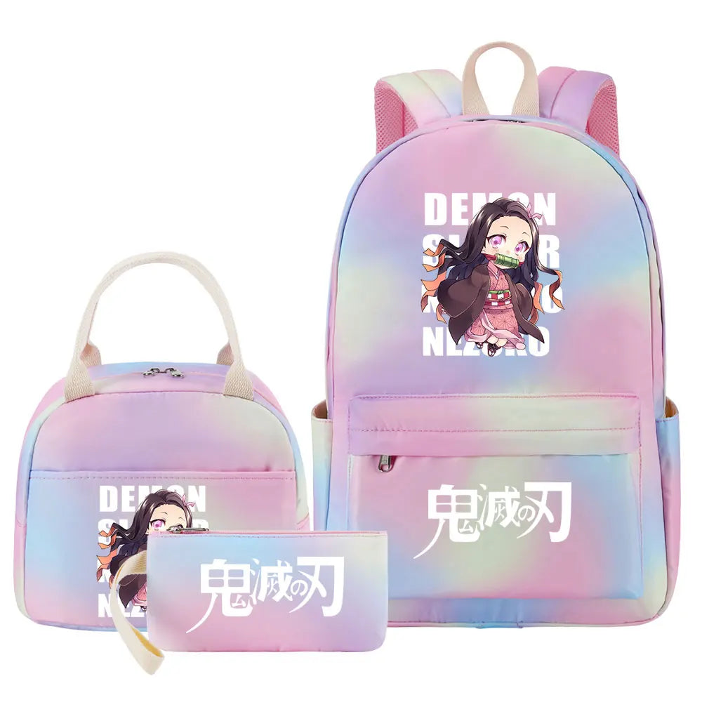 New Kawaii Demon Slayer Girls Kids Pen Lunch Bags Bookbags 3 Pcs Women Teenagers Schoolbags Travel Laptop Rainbow Backpack