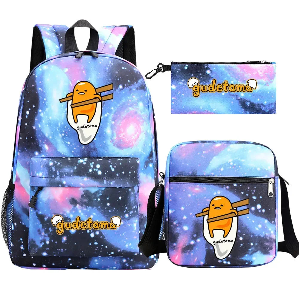 New Kawaii Gudetama 3Pcs Boy Girl Kids School Book Bags Travel Backpack Shoulder  Bag Pen Bags For Men Women